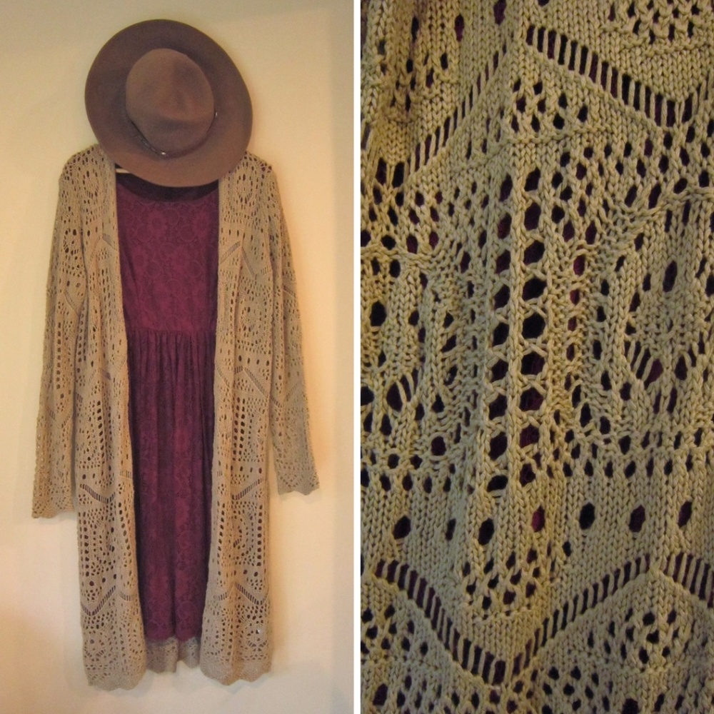 Long Cardigan Duster Sweater Large Neutral Knit